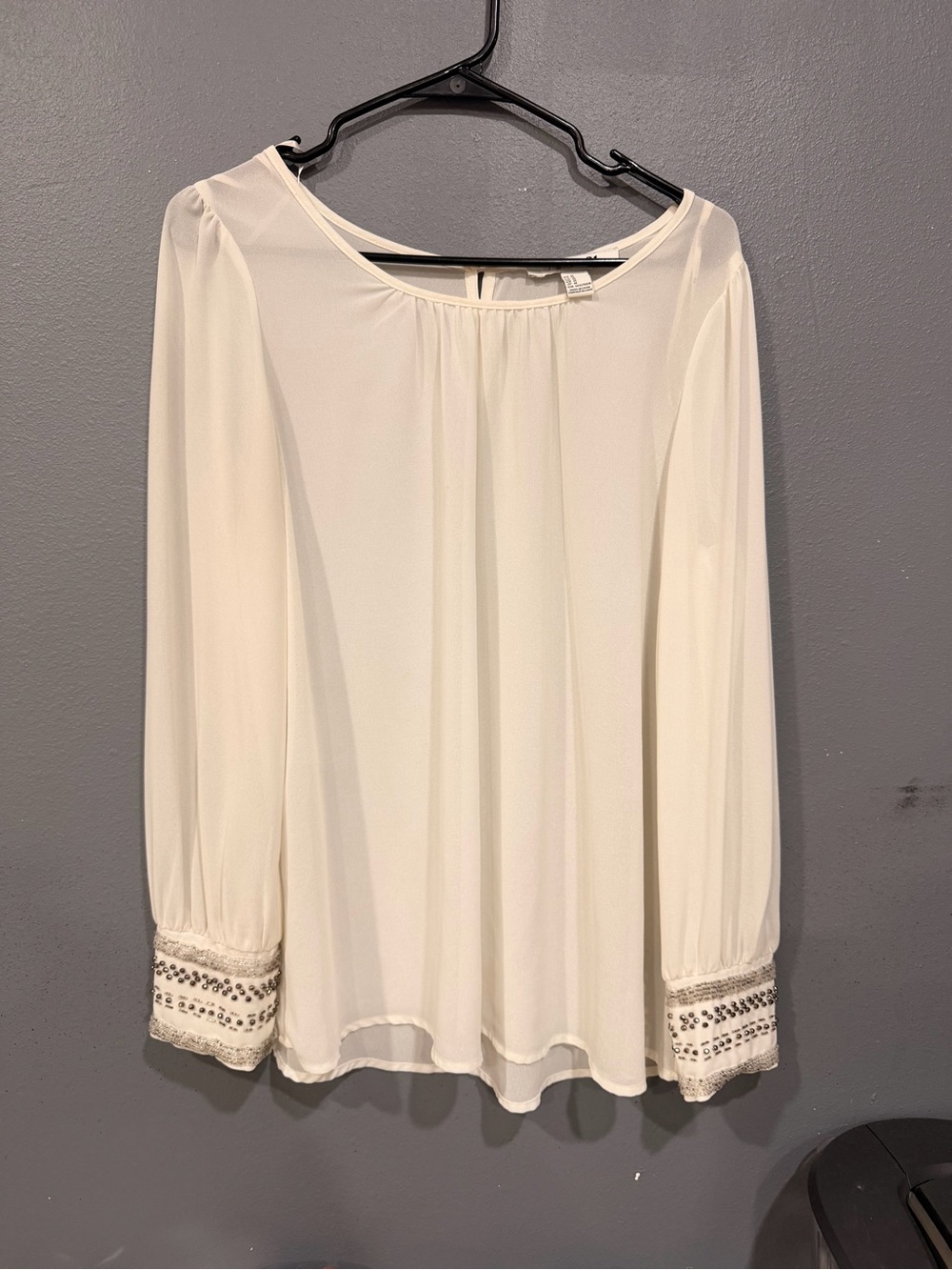 Forever 21 Cream Long-Sleeve Blouse with Beaded Cuffs